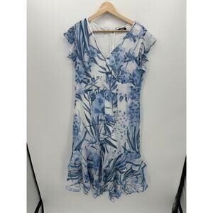 Tommy Hilfiger Womens Blue Floral Y2K Babydoll Midi Dress Size 12 Ruffle Artsy